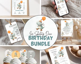 Ice Skating Dino Party Bundle | T-Rex Birthday Invitation Set | Kids Party Printables | B001