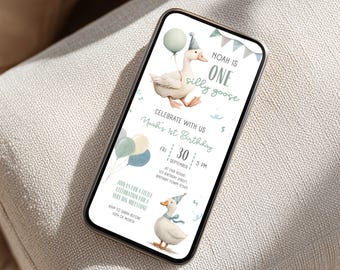One Silly Goose First Birthday Invitation | Green 1st Party Invite |  Editable Canva Template