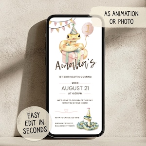 Invitation d'anniversaire serpent I Invitation 1er anniversaire modifiable I Fête d'animaux aquarelle I Célébration sur le thème des reptiles I Invitation numérique pour enfants I