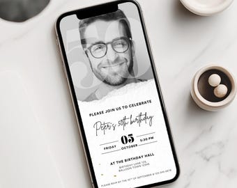 50th Birthday Photo Invitation | Black and White 50th Party | Canva Template