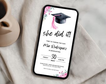 Elegant Graduation Invitation | Pink Flowers She did it Invitation | Editable Template | Digital Download