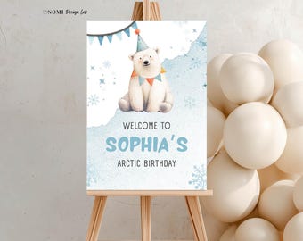 Arctic Birthday Welcome Sign for Kids | Polar Bear Party Decor | Editable Canva Template | B005