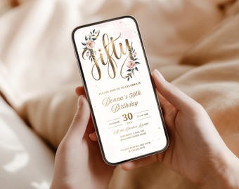 Golden Fifty Birthday Invitation | Elegant 50th Milestone Invite | Floral Watercolor Template | 031