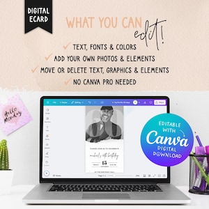 Puede incluir: Ordenador port&aacute;til que muestra una plantilla de tarjeta electr&oacute;nica digital para una celebraci&oacute;n de cumplea&ntilde;os. La pantalla muestra una foto en blanco y negro, detalles del evento y la marca Canva. El texto dice "&iexcl;Qu&eacute; puedes editar!" y "Tarjeta electr&oacute;nica digital".
