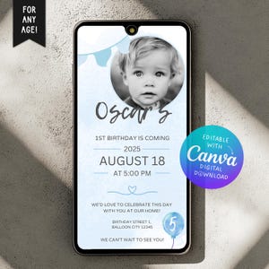 写真付きWhatsApp誕生日招待状 I 子供の写真付きパーソナライズテンプレート I 青い誕生日eカードCanvaテンプレート I DIY招待状 I 214