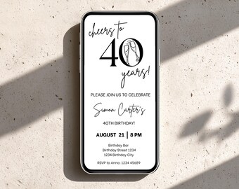 Cheers to 40 Years Minimalist Invitation | Black & White 40th Birthday | Digital Download