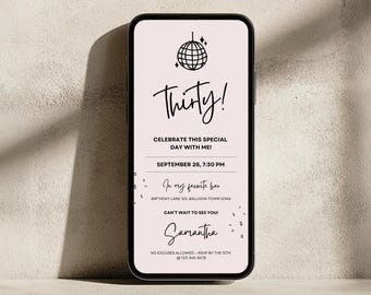 30th Birthday Invitation | Disco Theme Party | Modern Thirty Editable Canva Template | Digital Download