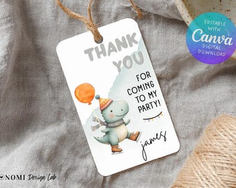 Ice Skating Dino Thank You Tag | Winter Dinosaur Kids Party Printable | B001