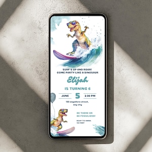 Faire-part d'anniversaire surf Dino | Modèle T-Rex Pool Party pour enfants | Téléchargement numérique
