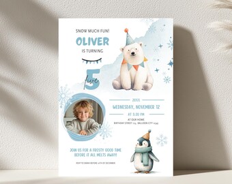 Winter Polar Bear Birthday Invitation | 5x7 Printable Arctic Party Template | Digital Download | B005