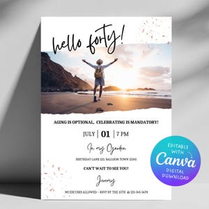 Faire-part 40e anniversaire pour homme ou femme I Invitation photo d'anniversaire I Invitation imprimable 5 x 7 ans I Carte d'anniversaire numérique I Modèle canva I 503