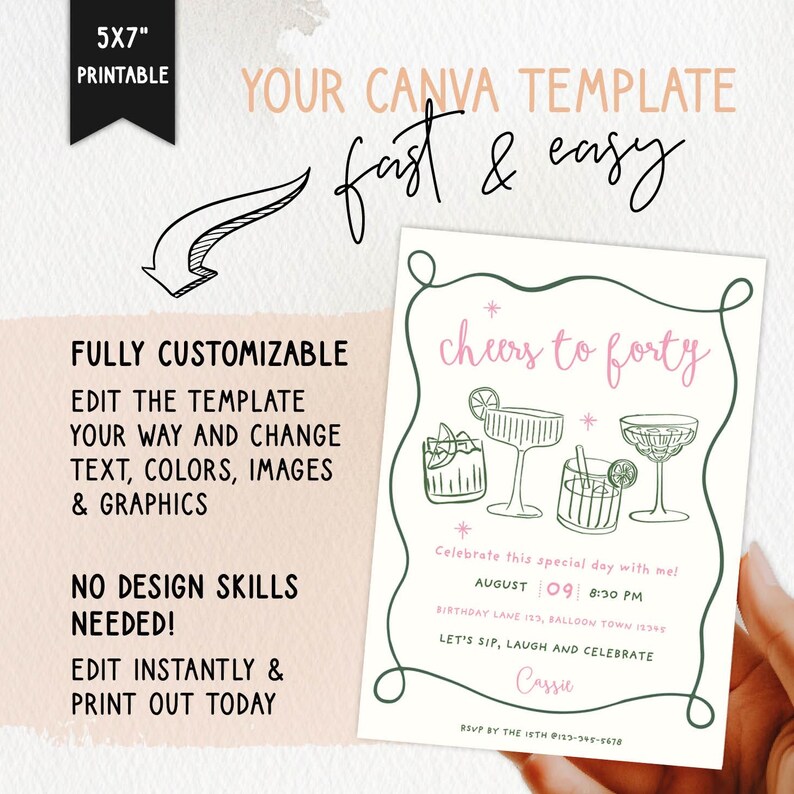 May include: A printable 5x7 inch Canva template with the text "cheers to forty" in pink script. The invitation features illustrations of cocktails and the text "Celebrate this special day with me!" and "Edit instantly & print out today".
