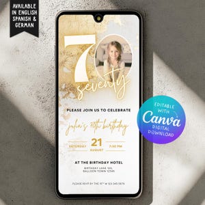 Invitación dorada de 70 cumpleaños con foto | Plantilla digital de cumpleaños Canva | Invitación de texto editable | Invitación de 70 cumpleaños para mamá I 021