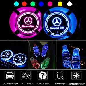 2X Mercedes Benz Super Bright LED Cup Holder Lights Car logo colorful luminous cup mat LED Light Lamp Cup Holder Mat Pad Bottle Drinks