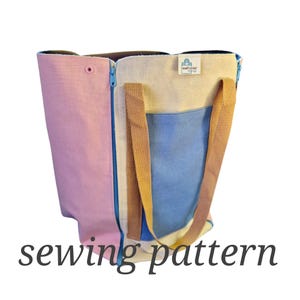 Op de afbeelding: Een naaipatroon voor een tote bag met een ritssluiting. De tas is gemaakt van drie verschillende stoffen: roze, beige en blauw. De tas heeft twee bruine hengsels en een blauwe zak aan de voorkant.