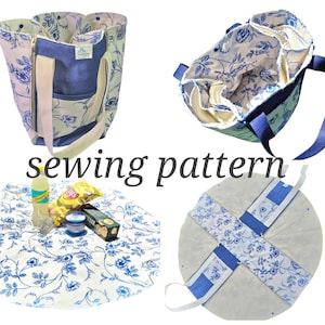 Peut inclure: Patron de couture pour un sac fourre-tout avec un imprimé floral bleu et blanc. Le patron comprend des instructions pour la réalisation du sac et d'une couverture de pique-nique assortie.