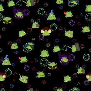 Può includere: Motivo ripetuto su sfondo nero con rane dei cartoni animati in vari ruoli fantasy. Le rane sono verdi con accessori come cappelli da mago, spade e scudi. Forme geometriche in colori neon sono sparse.