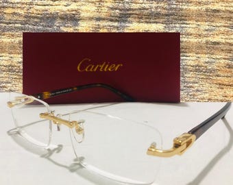 Gafas Cartier Vintage sin montura - Acetato de titanio puro, patillas doradas con efecto carey y lentes transparentes - Regalo para ella, para él, regalo de Pascua