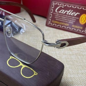 Cartier Vintage Shape eyeglasses - Wood Temples With Metal Full Rim Unisex Glasses - Silver & Wood Color Glasses For Her, Him - Mothers Day