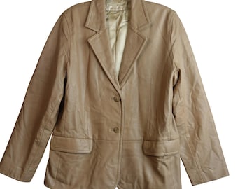Vintage 90s Tan Leather Blazer Womens 12P Two Button Jacket Minimalist Neutral