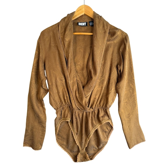 DKNY, Vintage 90s DKNY Silk Paisley Jacquard Surplice Bodysuit Top Womens 2 Gold Brown
