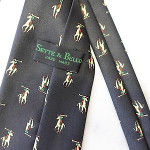 Vintage 90s Sette & Bello Necktie Mens OS Blue Equestrian Polo Horse Silk Tie