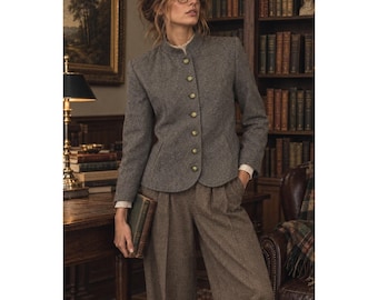 Vintage jaren 60 modieuze wollen blazer voor dames, maat S, grijs, met mandarijnkraag, academia-stijl, old money.