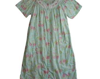 Vintage Cottagecore Nightgown Womens M Mint Pink Floral Granny House Dress Snap