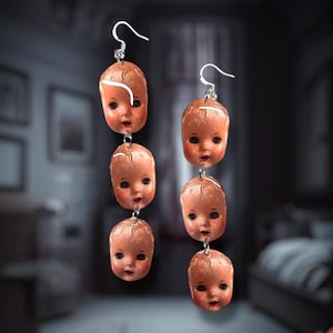 Creepy Baby Doll Heads Stacked Resin Statement Earrings