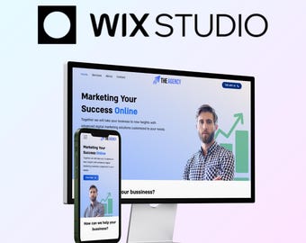 May include: A computer screen and a mobile phone display a website with the text "Marketing Your Success Online" and the logo "THE AGENCY". The website is about digital marketing solutions. The screen shows a man with a beard and a plaid shirt.