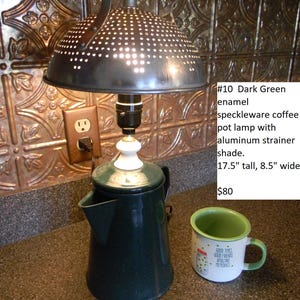 Unique Reclaimed Green Enamel speckle-ware coffeepot lamp with aluminum strainer shade.