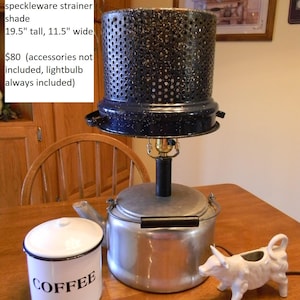 Vintage Reclaimed aluminum teapot lamp with rustic blue and white speckle shade