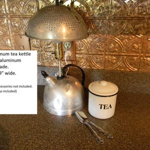 Vintage Reclaimed aluminum tea kettle lamp with aluminum strainer shade