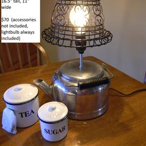 Vintage Reclaimed aluminum tea kettle lamp with black wire shade