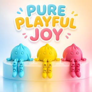 May include: Three small, rounded, dumpling-shaped figures in blue, yellow, and pink, each with a smiling face and articulated dangling legs. Above them, the text PURE PLAYFUL JOY is written in large, rounded, colorful, 3D-style letters.