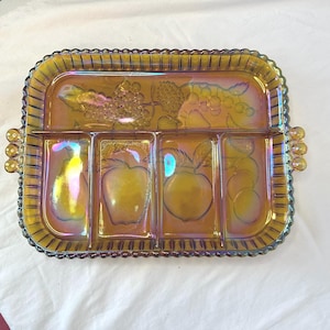 Vintage Indiana Marigold Carnival Glass Divided Relish Tray: Iridescent Amber Purple w/Fruit Motif / Charcuterie Dish / Collectible Glass