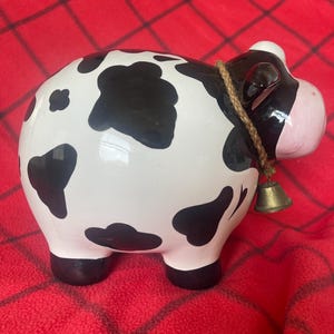 Vintage Cow Piggy Bank – Large Black & White Dairy Cow with Bell | Coin Collector Gift | Farmhouse Decor