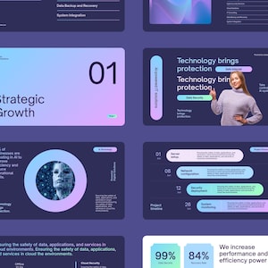 Op de afbeelding: Een digitaal presentatiesjabloon met een donkerpaarse achtergrond en diverse dia's met tekst over strategische groei, AI-technologie en cloudbeveiliging. De lay-out bevat grafieken, infographics en een persoon die naar tekst wijst.