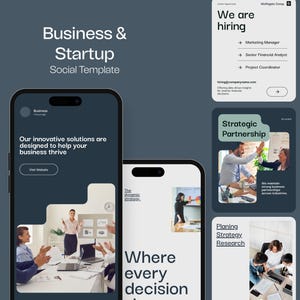 May include: A digital marketing social media template with the text "Business & Startup Social Template." The template includes mockups of mobile phone screens with business-related content, including "We are hiring" and "Strategic Partnership."