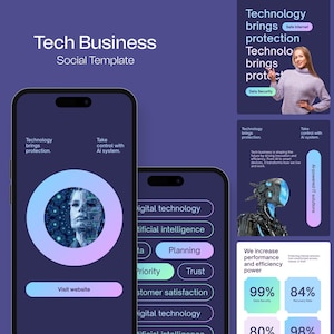 May include: A tech business social media template with a purple and blue color scheme. The design includes smartphone mockups, graphics, and text such as "Technology brings protection" and "Visit website."