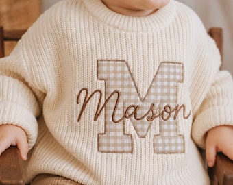 Personalized Baby Name Applique Sweater, Custom Initial Embroidered Knit Sweater, Baby Shower Gift, Toddler Birthday Outfit, Christmas Gift
