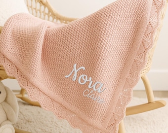 Embroidered Knit Baby Blanket, Custom Name Baby Blanket, Soft Cotton Newborn Blanket, Baby Shower Gift, Baby Keepsake Blanket, Gift for Baby