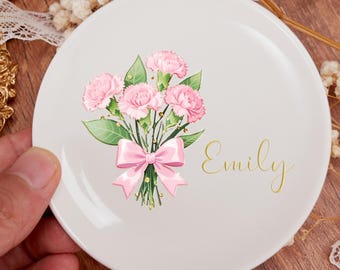 Personalized Wedding Ring Dish with Birth Flower, Custom Bridesmaid Gifts, Custom Birth Flower Jewelry Dish, Ring Holder Dish, Wedding Gift