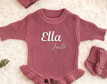Custom Embroidered Baby Romper, Baby Name Knit Ruffle Romper, Baby Shower Gift, Ruffle Infant Romper, First Birthday Gift, First Xmas Gift
