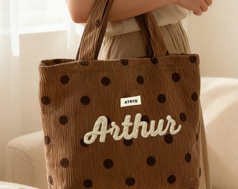 Custom Polka Dot Corduroy Tote, Hand-Embroidered Name Bag, Birthday Gift, Christmas Gift, Bridesmaid Gift, Personalized Gift for Her