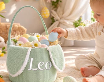 Personalized Easter Basket, Corduroy Embroidered Name Bunny Ear Plush Pail, Toddler Egg Hunt Bucket, Baby First Easter Gift,Baby Shower Gift