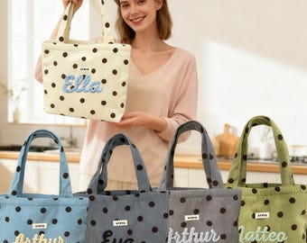 Personalized Polka Dot Corduroy Tote Bag, Custom Name Hand-Embroidered Bag, Birthday Gift, Christmas Gift, Bridesmaid Gift, Gift for Her
