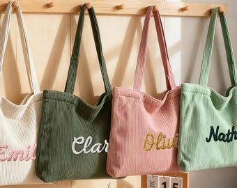 Personalized Embroidered Corduroy Tote, Custom Name Handbag, Christmas Gift, Birthday Present, Bridesmaid Gift, Holiday Gift for Her