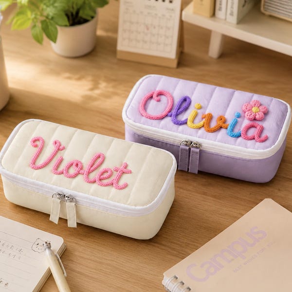 Personalized Quilted Flip-top Pencil Case, Hand Embroidered Name Pencil Pouch, Large Capacity Stationery Organizer, Back to School Gift