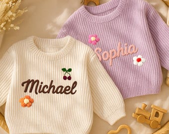 Personalized Baby Embroidered Sweater, Custom Name Knit Pullover, Handmade Infant Knitted Sweater, Baby Shower Gift, Baby First Xmas Gift